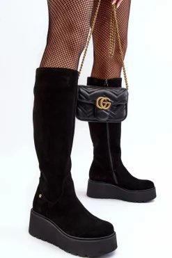 Damskie Zamszowe Kozaki Na Koturnie Maciejka 05767-01 Czarne