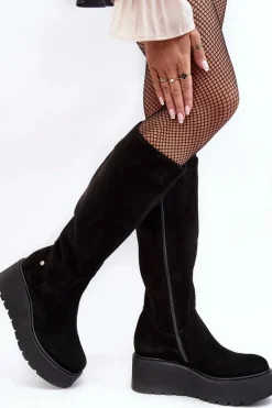 Damskie Zamszowe Kozaki Na Koturnie Maciejka 05767-01 Czarne