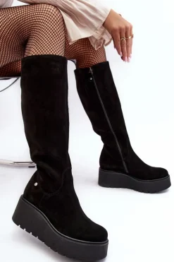 Damskie Zamszowe Kozaki Na Koturnie Maciejka 05767-01 Czarne