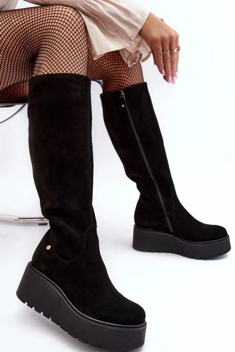 Damskie Zamszowe Kozaki Na Koturnie Maciejka 05767-01 Czarne