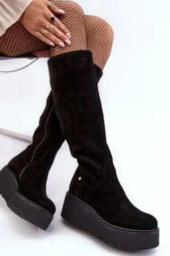 Damskie Zamszowe Kozaki Na Koturnie Maciejka 05767-01 Czarne