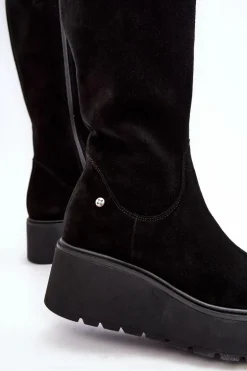 Damskie Zamszowe Kozaki Na Koturnie Maciejka 05767-01 Czarne