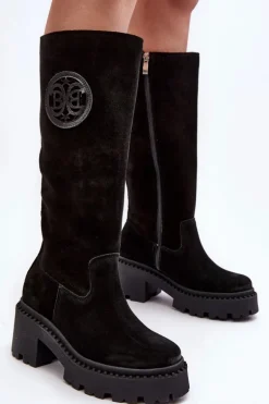 Damskie Zamszowe Kozaki Przed Kolano Czarne Lewski 3367