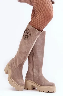 Damskie Zamszowe Kozaki Przed Kolano Ciemnobeżowe Lewski 3367