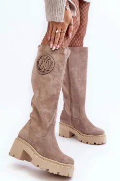 Damskie Zamszowe Kozaki Przed Kolano Ciemnobeżowe Lewski 3367