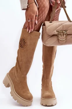 Damskie Zamszowe Kozaki Przed Kolano Beżowe Lewski 3367