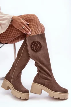 Damskie Zamszowe Kozaki Przed Kolano Brązowe Lewski 3367