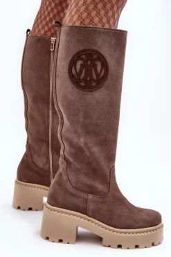 Damskie Zamszowe Kozaki Przed Kolano Brązowe Lewski 3367