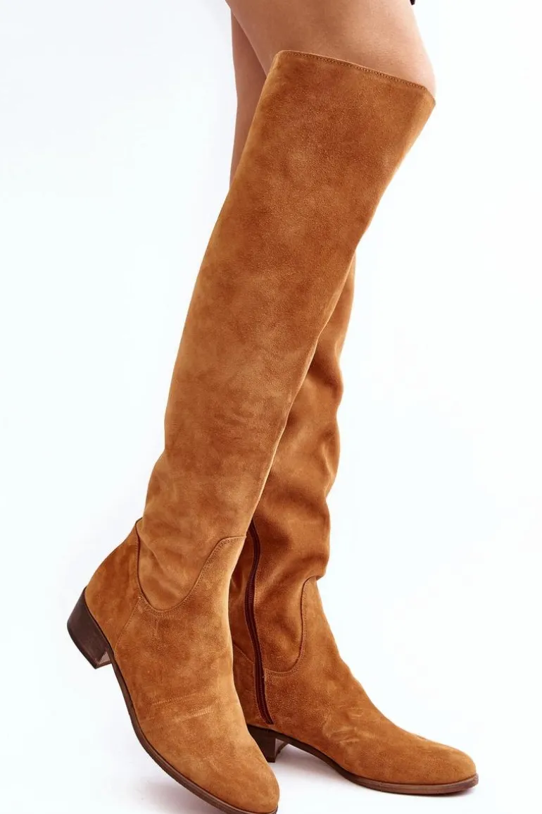 Damskie Zamszowe Kozaki Za Kolano Na Płaskim Obcasie Camel Hewanella