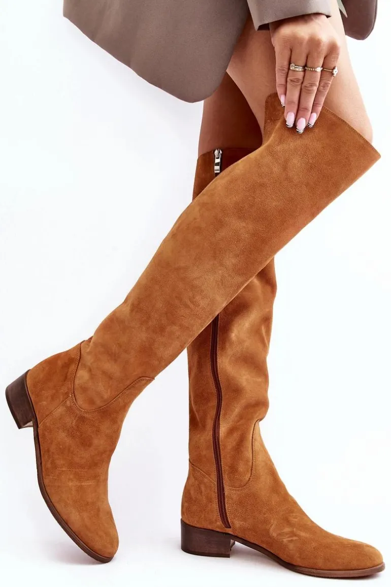 Damskie Zamszowe Kozaki Za Kolano Na Płaskim Obcasie Camel Hewanella
