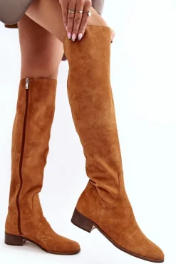 Damskie Zamszowe Kozaki Za Kolano Na Płaskim Obcasie Camel Hewanella