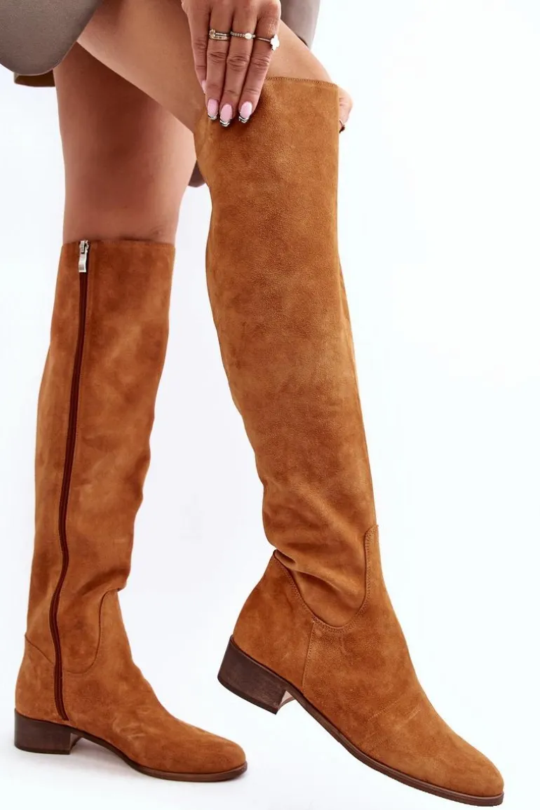 Damskie Zamszowe Kozaki Za Kolano Na Płaskim Obcasie Camel Hewanella