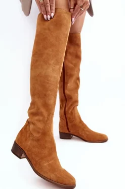 Damskie Zamszowe Kozaki Za Kolano Na Płaskim Obcasie Camel Hewanella