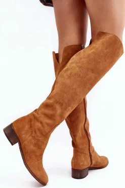 Damskie Zamszowe Kozaki Za Kolano Na Płaskim Obcasie Camel Hewanella
