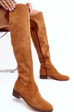 Damskie Zamszowe Kozaki Za Kolano Na Płaskim Obcasie Camel Hewanella