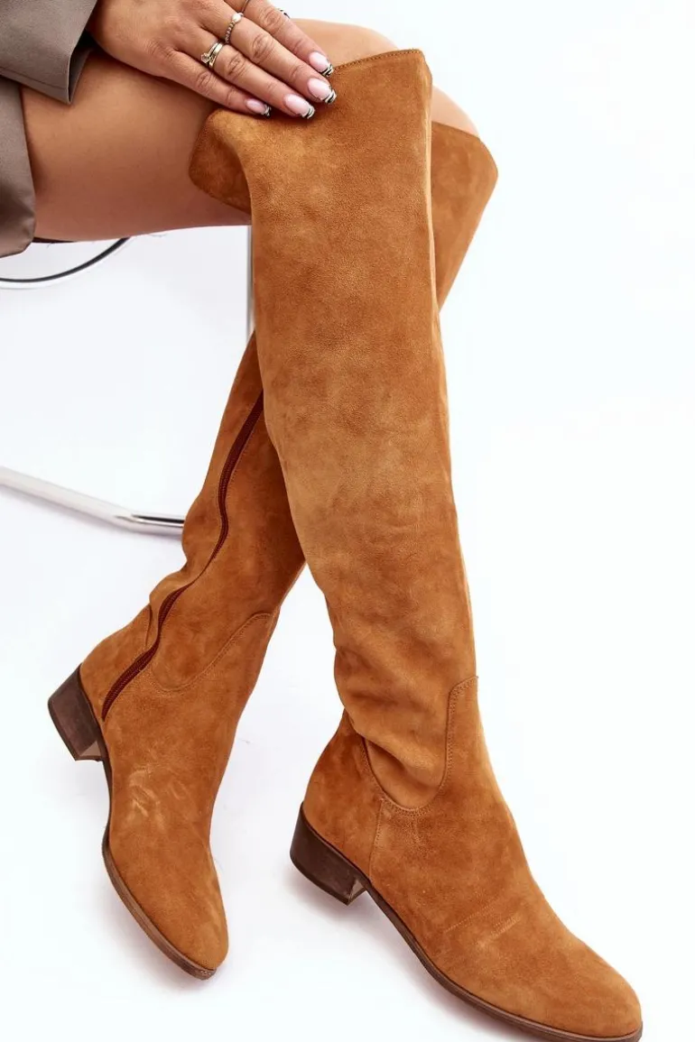 Damskie Zamszowe Kozaki Za Kolano Na Płaskim Obcasie Camel Hewanella