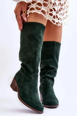 Damskie Zamszowe Kozaki Z Ażurowym Wzorem Zielone Enrissa
