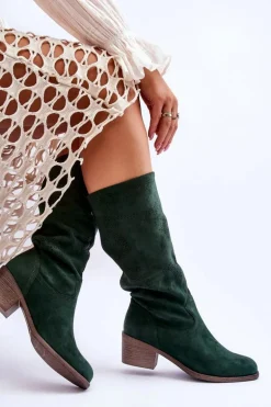 Damskie Zamszowe Kozaki Z Ażurowym Wzorem Zielone Enrissa