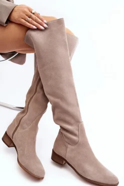 Damskie Zamszowe Kozaki Za Kolano Na Płaskim Obcasie Beżowe Hewanella