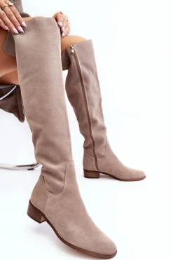 Damskie Zamszowe Kozaki Za Kolano Na Płaskim Obcasie Beżowe Hewanella