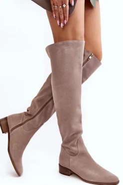 Damskie Zamszowe Kozaki Za Kolano Na Płaskim Obcasie Beżowe Hewanella
