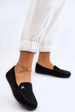 Damskie Zamszowe Mokasyny Z Ozdobą Czarne Leah