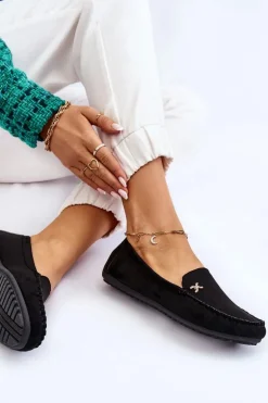 Damskie Zamszowe Mokasyny Z Ozdobą Czarne Leah