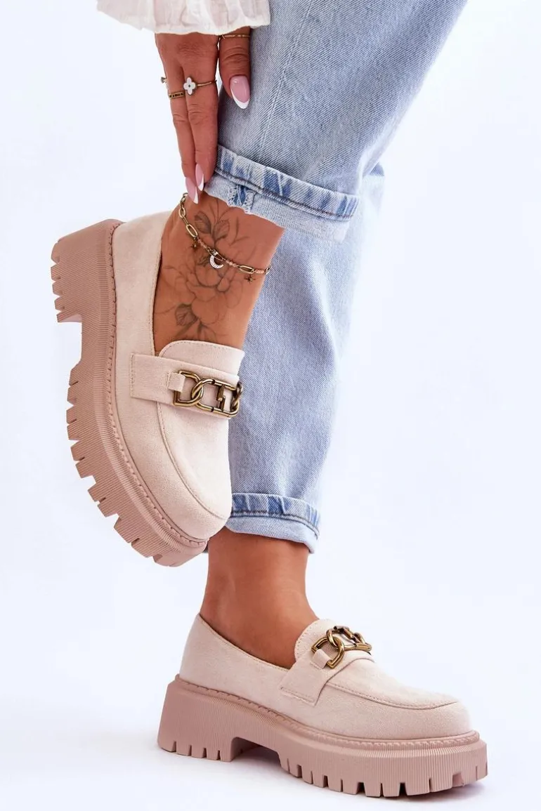 Damskie Zamszowe Mokasyny Na Platformie Jasnobeżowe Larey
