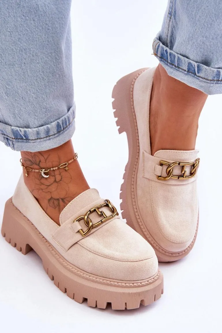 Damskie Zamszowe Mokasyny Na Platformie Jasnobeżowe Larey