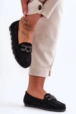Damskie Zamszowe Mokasyny Na Płaskiej Podeszwie Czarne Appia