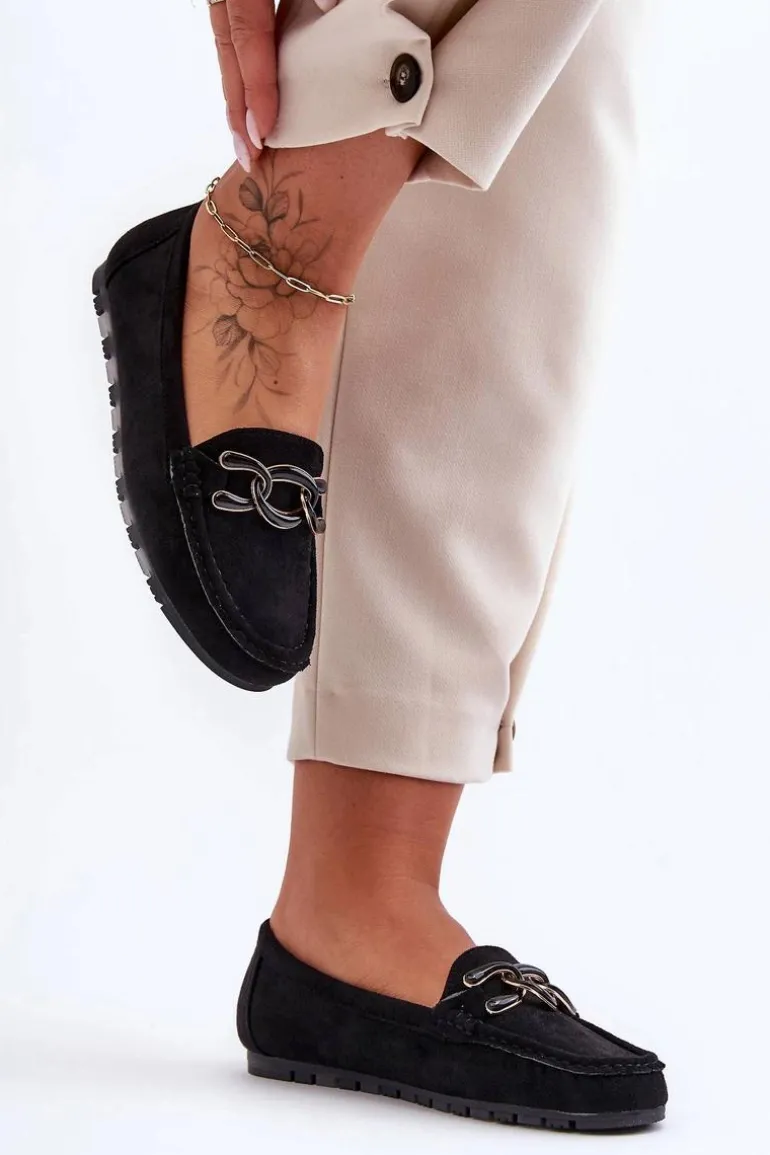 Damskie Zamszowe Mokasyny Na Płaskiej Podeszwie Czarne Appia