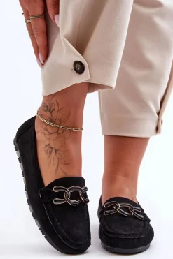 Damskie Zamszowe Mokasyny Na Płaskiej Podeszwie Czarne Appia