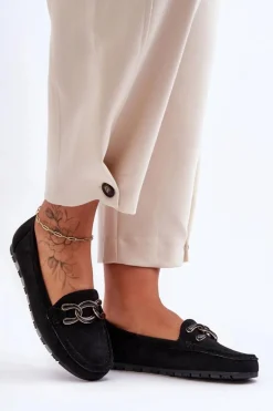 Damskie Zamszowe Mokasyny Na Płaskiej Podeszwie Czarne Appia