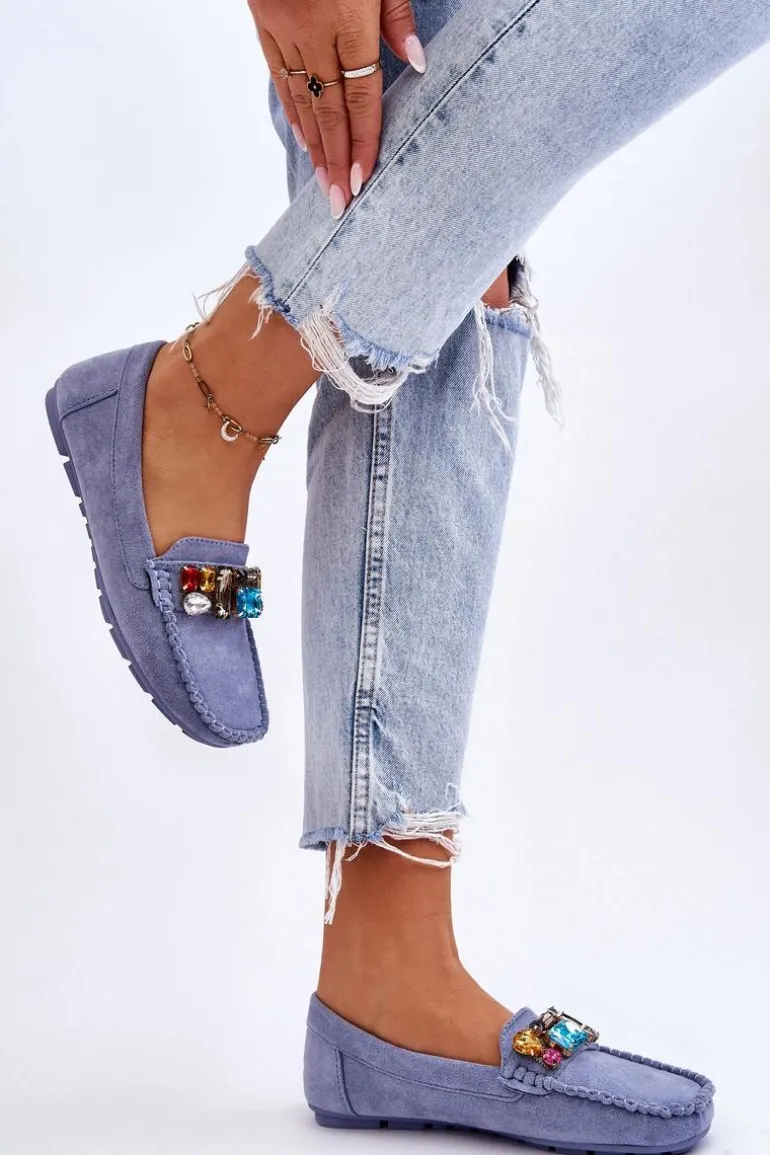 Damskie Zamszowe Mokasyny Z Kryształkami Niebieskie Lucille