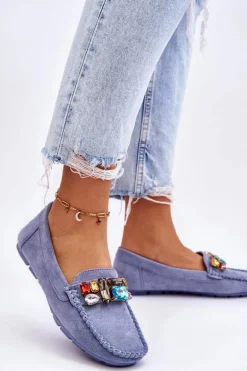 Damskie Zamszowe Mokasyny Z Kryształkami Niebieskie Lucille