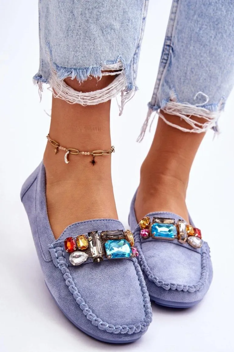 Damskie Zamszowe Mokasyny Z Kryształkami Niebieskie Lucille