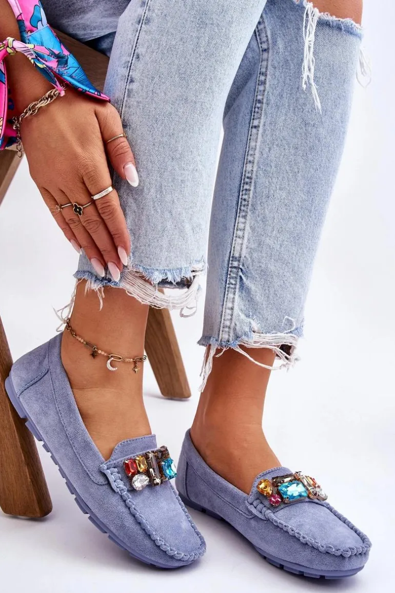Damskie Zamszowe Mokasyny Z Kryształkami Niebieskie Lucille