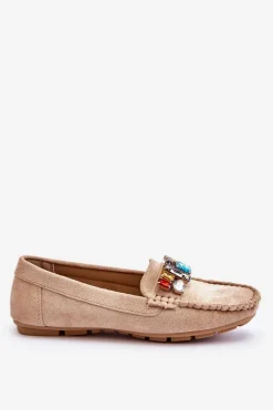 Damskie Zamszowe Mokasyny Z Kryształkami Beżowe Lucille
