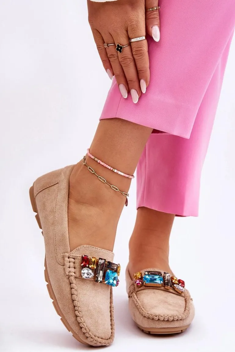 Damskie Zamszowe Mokasyny Z Kryształkami Beżowe Lucille