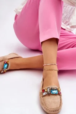 Damskie Zamszowe Mokasyny Z Kryształkami Beżowe Lucille