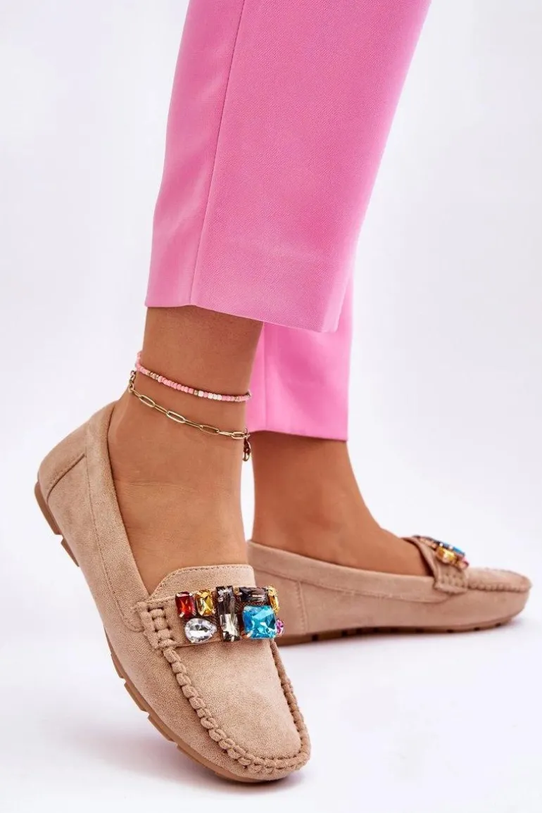 Damskie Zamszowe Mokasyny Z Kryształkami Beżowe Lucille