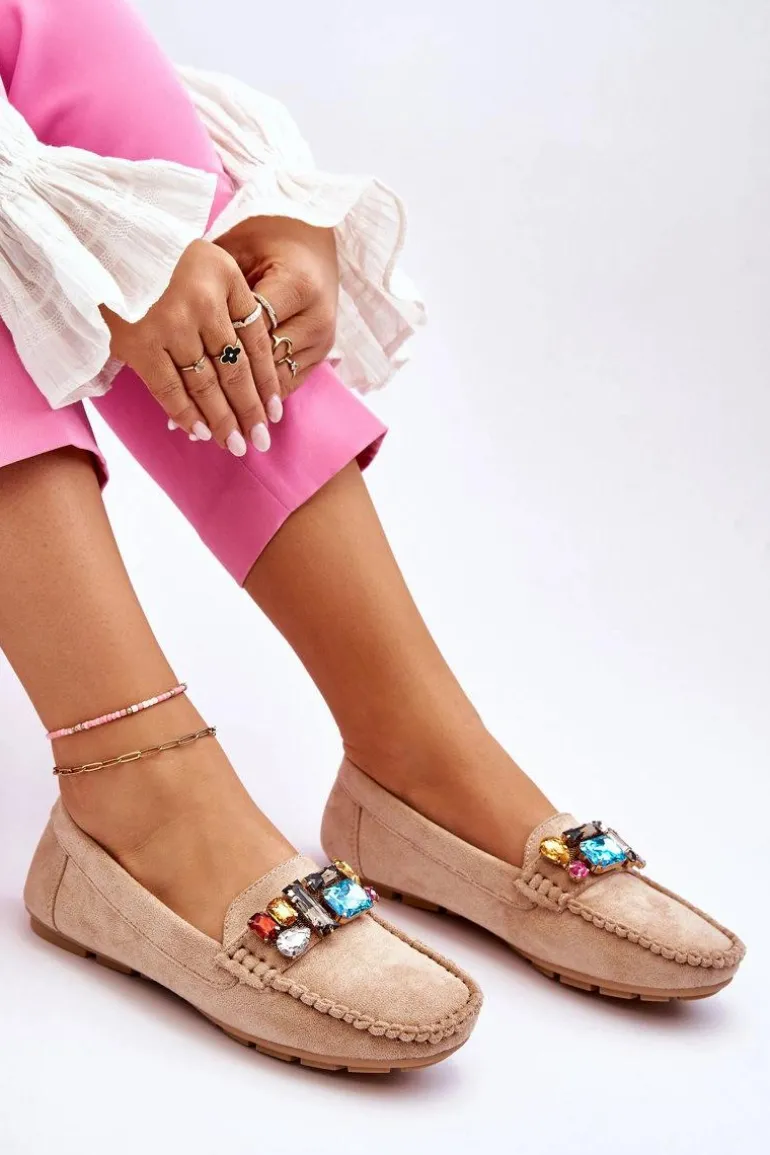 Damskie Zamszowe Mokasyny Z Kryształkami Beżowe Lucille