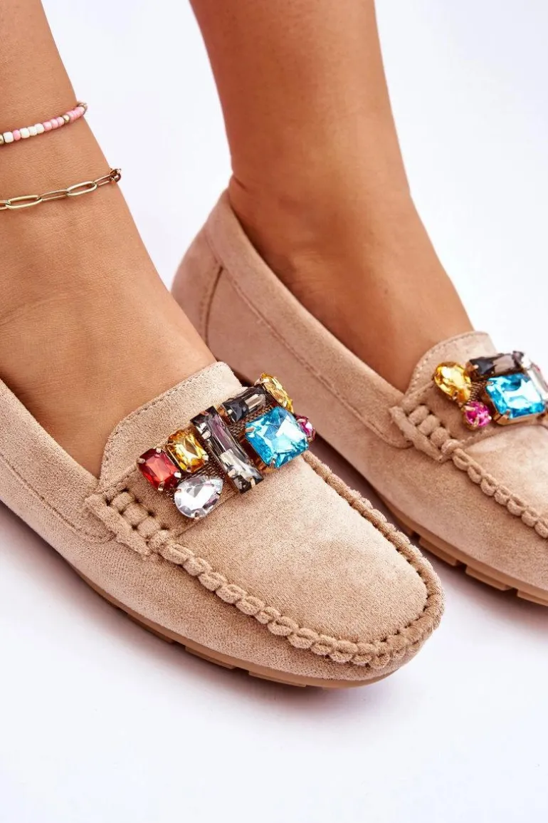 Damskie Zamszowe Mokasyny Z Kryształkami Beżowe Lucille