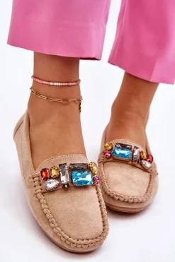 Damskie Zamszowe Mokasyny Z Kryształkami Beżowe Lucille