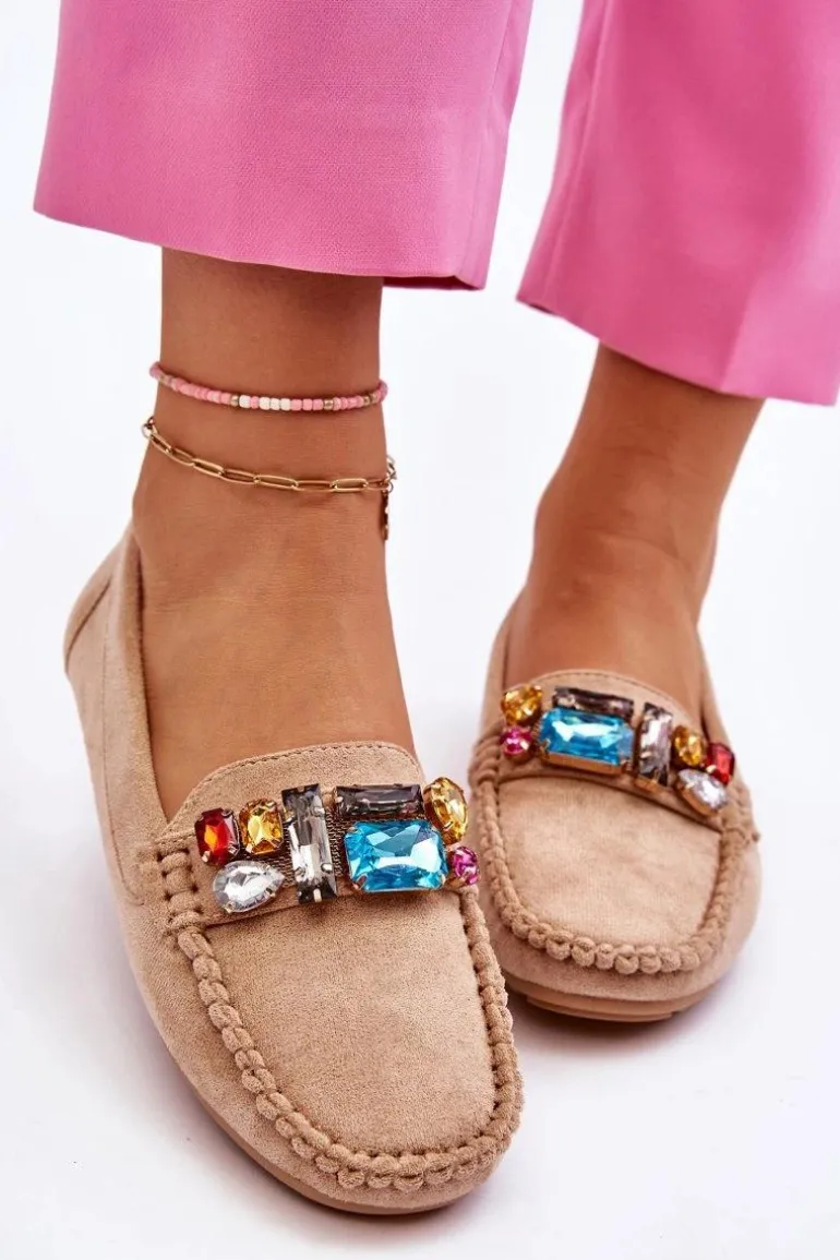 Damskie Zamszowe Mokasyny Z Kryształkami Beżowe Lucille