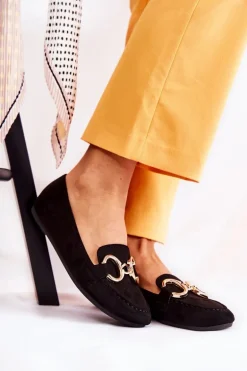 Damskie Zamszowe Mokasyny Z Ozdobą Czarne Reality