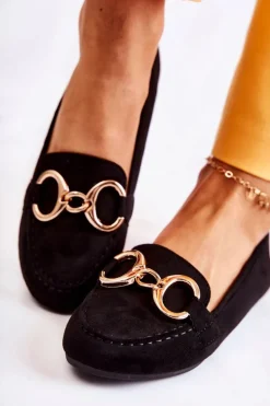 Damskie Zamszowe Mokasyny Z Ozdobą Czarne Reality