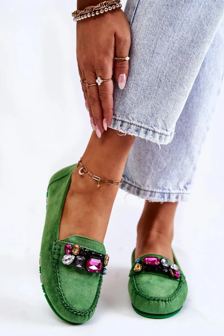 Damskie Zamszowe Mokasyny Z Ozdobami Zielone Janetta