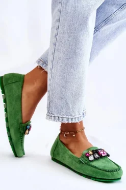 Damskie Zamszowe Mokasyny Z Ozdobami Zielone Janetta