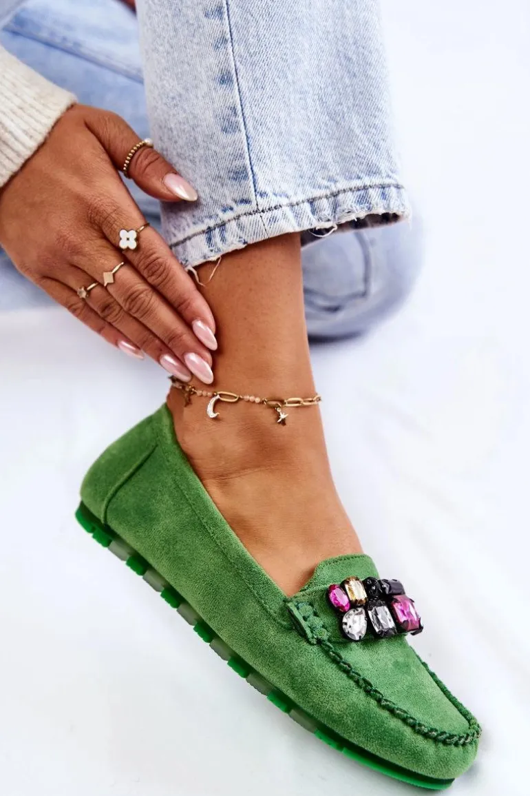 Damskie Zamszowe Mokasyny Z Ozdobami Zielone Janetta